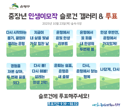 중장년 인생이모작 슬로건 갤러리 & 투표
다시 시작하는 용기, 끝없이 열리는 은평
지금이 내 삶을 빛낼 가장 힘찬 날
은평에서 은빛인생 리부트
은평에서 꽃 피울 내 인생의 두번째 봄
인생 후반전, 은평에서 가치 있게
경험을 자본삼아, 두 번째 꿈을 짓다
다시 봄! 다시 해봄! 설레는 이생 2막
은퇴는 쉼표, 은평은 새 출발
다시, 은펴에서 찾은 행복
나 답게, 다시