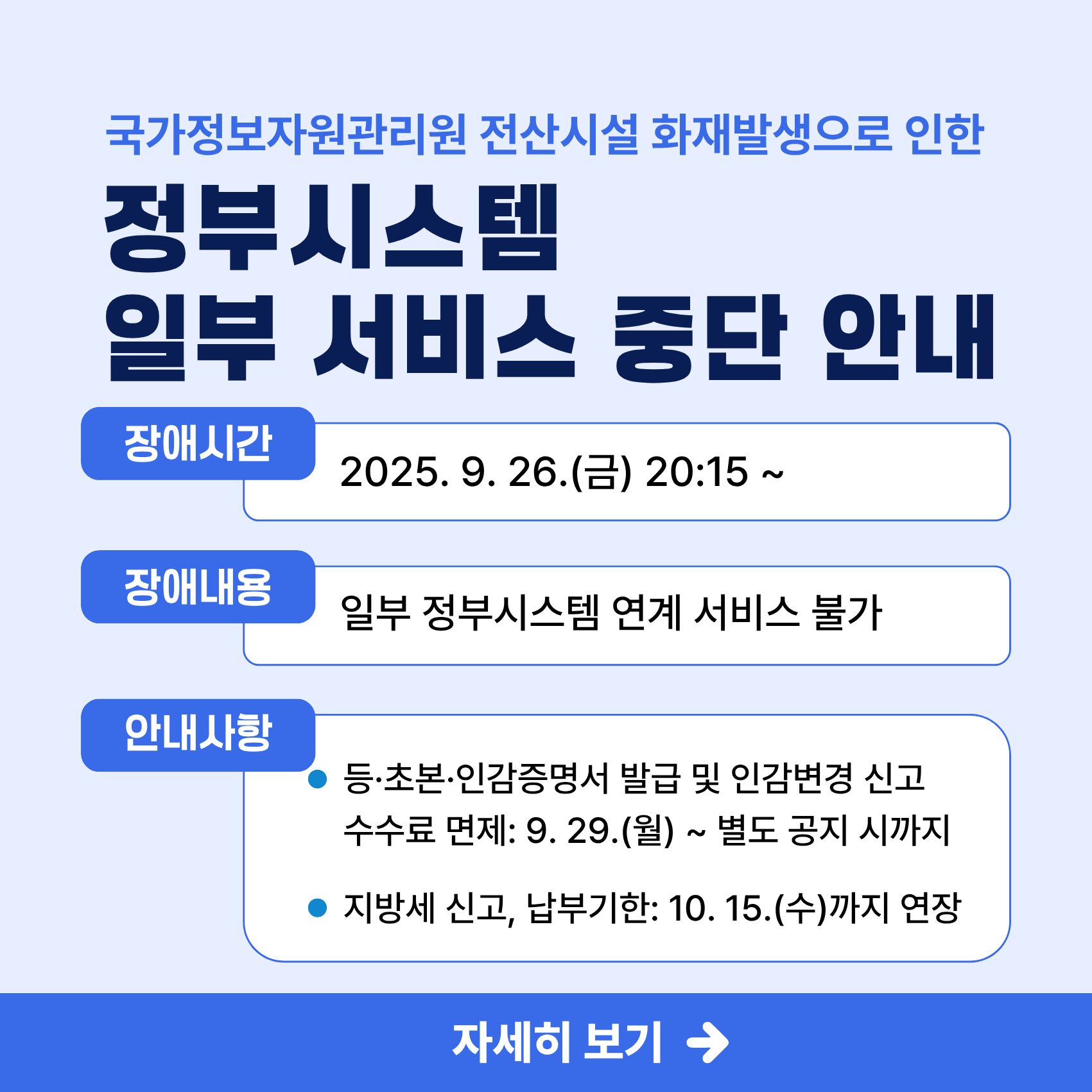 국가정보시스템 일부 서비스 일시중단 안내
국가정보자원관리원(대전소재) 전산시설 화재발생으로 정부 시스템이 연계된 일부 정보시스템 사용이 중단되었음을 알려드립니다.

장애시간 : 2025. 9. 26.(금) 20:15 ~
장애내용 : 일부 정부시스템 연계 서비스 불가
안내사항
자세히보기
